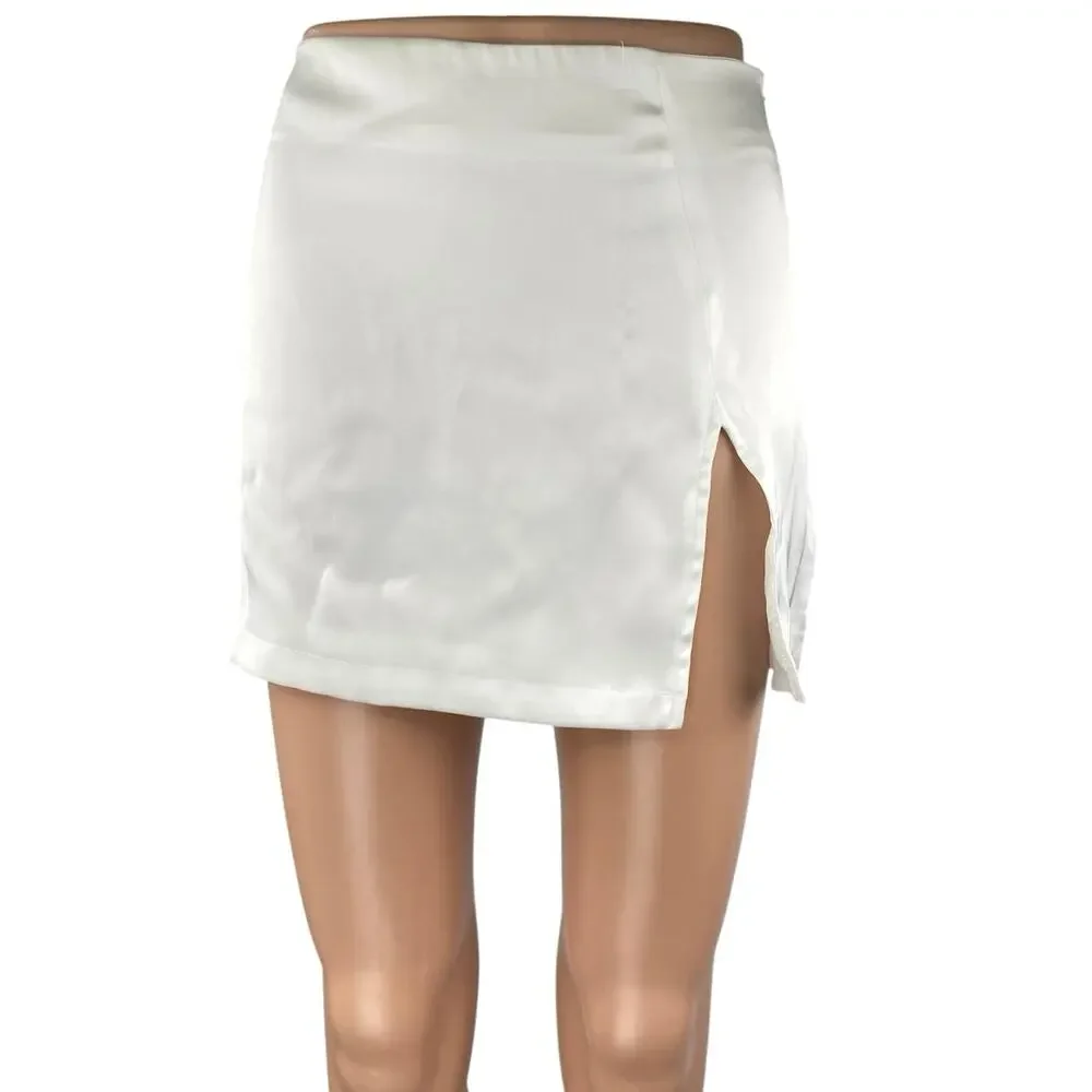 Princess Polly Women's White Slit High Waisted Silk Satin Mini Slip Skirt Size 2